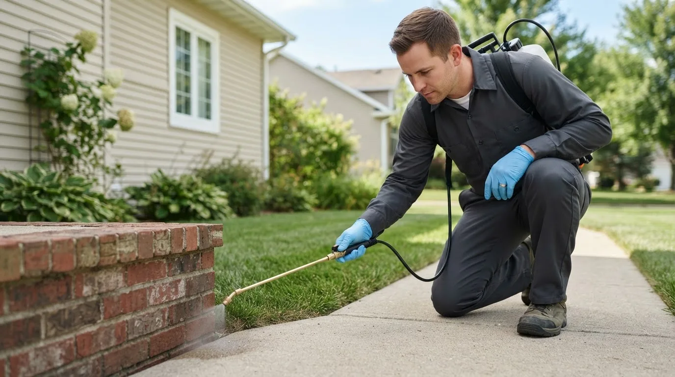 Pest control technician treating a home near Littleton, IL